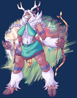 5_fingers anthro anthrofied antlers barefoot biped bottomwear bow_(weapon) braided_hair breasts brown_body chest_fur choker claws clothed clothing dagger ear_piercing ear_ring eyelashes feathers feet female fingers front_view fur green_eyes hair half-closed_eyes hooves horn jewelry long_hair looking_at_viewer melee_weapon muscular muscular_anthro muscular_female narrowed_eyes necklace open_mouth paint piercing pokemorph quiver_(object) ranged_weapon ring_piercing skirt smile solo tattoo thick_thighs toes topwear tribal underwear weapon white_body white_fur patohoro nintendo pokemon cervine deer generation_5_pokemon mammal pokemon_(species) sawsbuck winter_sawsbuck 2019 absurd_res alpha_channel digital_media_(artwork) hi_res