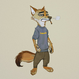 anthro barefoot black_nose bottomwear brown_body brown_fur cheek_tuft cigarette clothing dipstick_tail facial_tuft feet fur half-closed_eyes markings multicolored_tail narrowed_eyes neck_tuft pants shirt simple_background smoking solo standing tail tail_markings tan_background text text_on_clothing text_on_shirt text_on_topwear topwear tuft white_body white_fur samur_shalem disney zootopia fan_character moses_(samur_shalem) canid canine canis coyote mammal 1:1 2020