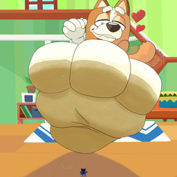 3_toes anthro bodily_fluids duo extreme_size_difference feet female foot_fetish foot_focus foot_play heart_symbol low-angle_view male male/female micro paws size_difference soles sweat sweaty_feet toes underfoot flinttheyordle bluey_(series) bandit_heeler chilli_heeler australian_cattle_dog canid canine canis cattledog domestic_dog herding_dog mammal pastoral_dog 1:1 hi_res