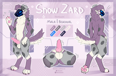 anthro balls claws finger_claws floppy_ears fluffy fluffy_tail front_view genitals knot knotted_penis lop_ears machine male neck_tuft pawpads paws penis protogen_face protogen_visor raised_hand rear_view solo spots tail toe_claws tuft visor shtein canid canine canis domestic_dog mammal protogen hi_res model_sheet