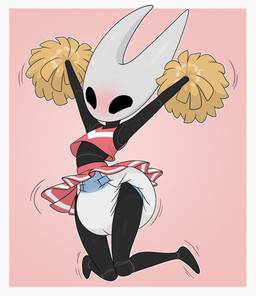 anthro barefoot black_body black_eyes blush blush_lines bottomwear cheerleader cheerleader_outfit clothed clothed_anthro clothing clothing_lift crop_top diaper diaper_fetish diaper_under_clothing embarrassed empty_eyes exposed_diaper feet female happy jumping multicolored_body pom_poms red_bottomwear red_clothing red_skirt shirt simple_background skirt skirt_lift solo topwear two_tone_body wearing_diaper white_body white_diaper nineplusten hollow_knight_(franchise) team_cherry hornet_(hollow_knight) arthropod vessel_(species) 2025 hi_res