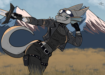 action_pose alternative_fashion ambiguous_gender anthro armwear belt blue_eyes bottomwear clothed clothing cloud collar eyewear fishnet_armwear fishnet_clothing flirting gloves goggles grass grey_underbelly handwear jacket melee_weapon mountain nature pants piercing plant pose pouch_(clothing) punk sky smile smirk solo spiked_collar spikes sword tail teeth topwear weapon white_body azurian mythology azurian_arafiel dragon mythological_creature mythological_scalie scalie absurd_res colored hi_res shaded