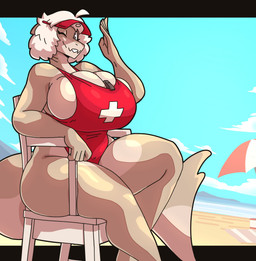 anthro beach big_breasts biped breasts cleavage clothed clothing eyelashes female hat headgear headwear huge_breasts lifeguard_chair lifeguard_swimsuit looking_at_viewer non-mammal_breasts one-piece_swimsuit one_eye_closed outside pupils red_clothing red_swimwear smile solo swimwear tail tan_body thick_thighs visor_cap whistle_(object) wide_hips wink slightlysimian dawn_(slightlysimian) aquatic carpet_shark fish ginglymostomatid nurse_shark shark absurd_res hi_res