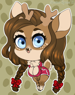 abstract_background anthro antlers big_breasts blep blue_eyes braided_hair breasts brown_body brown_fur brown_hair brown_nose chibi clothed clothing eyelashes female fur hair horn looking_at_viewer solo standing tan_body tan_fur tongue tongue_out tiggybloom olive_(rawk_manx) deer mammal new_world_deer reindeer 2021 full-length_portrait portrait