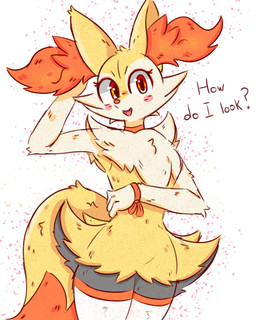 3_fingers ambiguous_anthro ambiguous_gender anthro arm_tuft asking_viewer biped black_body black_fur blush blush_lines blush_stickers cheek_tuft chest_tuft choker clothing dipstick_tail eyelashes facial_tuft featureless_crotch fingers fluffy fluffy_tail front_view fur hand_behind_head hip_tuft inner_ear_fluff jewelry legwear looking_at_viewer markings mostly_nude_ambiguous mostly_nude_anthro multicolored_body multicolored_fur navel necklace open_mouth open_smile orange_body orange_choker orange_eyes orange_fur orange_inner_ear_fluff orange_jewelry orange_necklace orange_nose orange_tail_tip orange_wristband pointy_ears pokemorph prick_ears question question_mark shoulder_tuft simple_background smile solo standing tail tail_markings tapering_snout text thigh_highs tongue tuft two_tone_tail white_background white_body white_fur wristband yellow_body yellow_fur yellow_tail se1t nintendo pokemon braixen canid generation_6_pokemon mammal pokemon_(species) 2026 4:5 absurd_res cel_shading colored digital_drawing_(artwork) digital_media_(artwork) english_text hi_res portrait shaded three-quarter_portrait