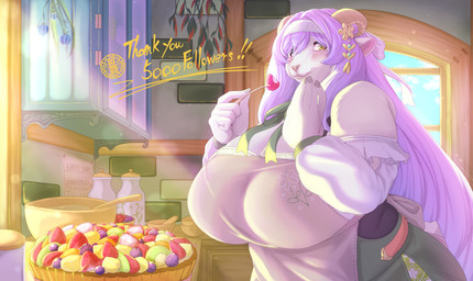 anthro big_breasts breasts cooking curved_horn female female_anthro food fruit fur grape hair horn huge_breasts inside kitchen kitchen_utensils kiwifruit logo long_hair looking_at_viewer overweight overweight_anthro overweight_female plant purple_hair solo standing strawberry text thank_you tools white_body white_fur sasanoha6011 lumeria_(sasanoha6011) bovid caprine goat mammal artist_logo english_text hi_res milestone_celebration