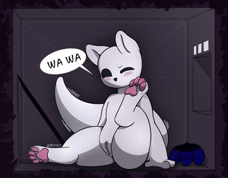 big_tail black_eyes black_nose blue_fruit_(rain_world) blush blush_lines dialogue emanata female feral food genitals inside melee_weapon one_eye_closed one_leg_up pawpads pink_pawpads polearm raised_leg scratching semi-anthro sitting solo spear tail vulva weapon white_body jyip rain_world videocult survivor_(rain_world) felid feline mammal slugcat