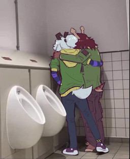 anthro antlers arm_around_back arm_around_shoulders bathroom biped bottomwear brown_body brown_fur brown_hair cargo_pants clothing denim denim_bottomwear denim_clothing duo female footwear fur hair hoodie horn humor jeans male pants photo_background scut_tail shoes short_tail sneakers standing tail topwear urinal white_body white_fur white_hair renorenodraws deltarune undertale undertale_(series) asriel_dreemurr dess_holiday boss_monster_(undertale) deer mammal 2025 absurd_res digital_media_(artwork) hi_res photography_(artwork)