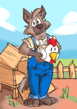 anthro barefoot blue_clothing blue_overalls blue_sky brown_body brown_eyes brown_fur chicken_coop clothing feet fence fur green_grass holding_chicken male outside overalls shirt sky smile solo topwear yellow_clothing yellow_shirt yellow_topwear mushketeery mushy_(mushketeery) mushy_(mushketeteery) hyena mammal hi_res