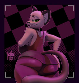 anthro big_breasts big_butt black_ears black_nose black_tail bottomwear breasts butt cartoon_freckles checkered checkered_background clothed clothing fangs female freckled_face freckles fur green_eyes grey_body grey_fur half-closed_eyes huge_butt looking_at_viewer looking_back looking_back_at_viewer narrowed_eyes pants pattern_background purple_background shirt simple_background smile solo tail tank_top teeth topwear whiskers neodrani shywearsfangs_(modeler) beat_banger bunfan_games cathy_smith domestic_cat felid feline felis mammal 2025 3d_(artwork) digital_media_(artwork) hi_res