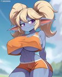 anthro big_breasts biped blonde_hair bottomwear breasts clothed clothing cloud cute_fangs detailed_background female fur hair muscular navel plant purple_body purple_eyes purple_fur smile topwear tree under_boob cooliehigh league_of_legends riot_games tencent poppy_(lol) humanoid imp yordle 2024 hi_res