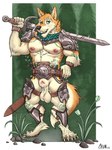 animal_genitalia anthro armor balls belt blue_eyes bodily_fluids canine_genitalia claws digitigrade fur fur_markings genital_fluids genitals male markings nude sheath smile smiling_at_viewer smirk smirking_at_viewer solo tan_body tan_fur teeth unconvincing_armor weapon chumbasket dazed_(saltysteakk) canid canine canis dingo mammal absurd_res hi_res