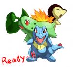 :s ambiguous_gender angry anthro black_body blue_body eyes_closed feral fire green_body group leaf looking_at_viewer open_mouth open_smile plant red_eyes sharp_teeth simple_background smile smug starter_trio teeth text trio white_background yellow_body enon nintendo pokemon chikorita crocodilian cyndaquil elemental_creature flora_fauna generation_2_pokemon mammal pokemon_(species) reptile scalie shiny_pokemon totodile 2009 digital_media_(artwork) english_text