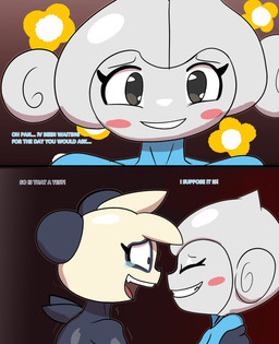 anthro black_body blue_body blush bodily_fluids crying cute_fangs dating dialogue duo fangs flower happy holding_partner love male plant smile tears tears_of_joy teeth text token_taker nintendo pokemon cham_(token_taker) pan_(token_taker) generation_3_pokemon generation_6_pokemon meditite pancham pokemon_(species) comic digital_drawing_(artwork) digital_media_(artwork) english_text hi_res