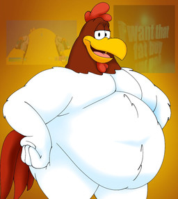anthro feathers hands_on_hips male obese open_mouth orange_background overweight pose simple_background solo standing tongue white_body white_feathers pt80s0up looney_tunes warner_brothers foghorn_leghorn avian bird chicken galliform phasianid hi_res meme