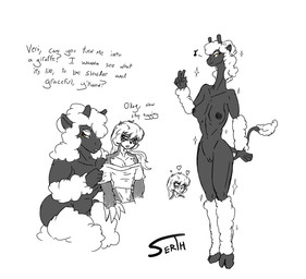 arm_tuft black_body breasts claws collarbone duo eyelashes female genitals gesture hand_gesture hooves horn leg_tuft long_neck nipples sagging_breasts skinny slim tall transformation tuft v_sign vulva white_eyeshadow wool_hair serth fanta_(serth) verithyntei bovid caprine giraffe giraffid mammal pilosan sheep sloth xenarthran hi_res