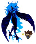 absurd_res anthro armor avian beak bird blue_beak blue_body blue_feathers blue_hair bottomwear brown_hair clothed clothing clover_(undertale_yellow) cowboy_hat digital_media_(artwork) duo feathered_wings feathers feet female gun hair hat headgear headwear hi_res horn human long_hair male mammal martlet_(undertale_yellow) martlet_(zenith_form) ranged_weapon simple_background size_difference soul talons toes undertale undertale_(series) undertale_yellow veinyflesh weapon wings yellow_eyes