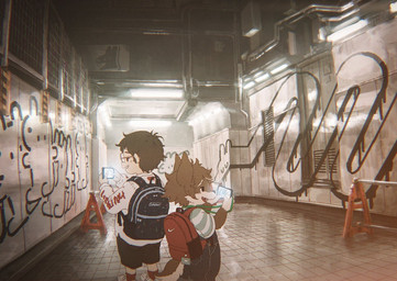 anthro backpack cellphone clothing duo electronics graffiti graffiti_on_wall holding_cellphone holding_object holding_phone holding_smartphone inside kemono male male/male open_mouth overalls pattern_clothing pattern_shirt pattern_topwear phone red_backpack shirt smartphone striped_clothing striped_shirt striped_topwear stripes taking_picture topwear young young_anthro young_human young_male nishiko24 ookami_(nishiko24) canid canine canis human mammal wolf 2025 japanese_description