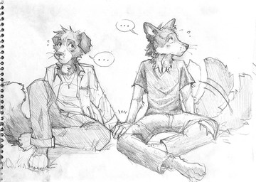 anthro anthro_on_anthro bottomwear clothed clothing duo ellipsis floppy_ears front_view hand_holding head_tuft jacket male male/male pants shirt sitting speech_bubble t-shirt tail tail_motion tailwag topwear tuft akatan_art canid canine mammal monochrome traditional_media_(artwork)