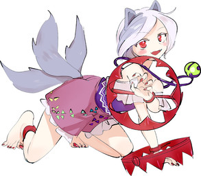 3_tails all_fours barefoot bear_trap blush bottomwear claw_pose clothed clothed_female clothed_humanoid clothing colored_nails feet female fingernails hair jewelry looking_at_viewer multi_tail nails necklace open_mouth red_eyes red_fingernails red_nails red_toenails shirt short_hair simple_background skirt solo tail toenails toes topwear trap_(contrivance) white_background chamaruku touhou enoko_mitsugashira animal_humanoid canid canid_humanoid canine canine_humanoid humanoid mammal mammal_humanoid wolf_humanoid 2023