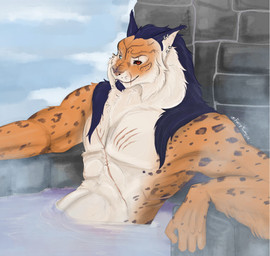 anthro bath ear_piercing ear_ring fur hair jewelry male male_anthro muscular muscular_anthro muscular_male piercing red_eyes ring ring_(jewelry) ring_piercing scar solo water white_body furrymammy felid feline lynx mammal hi_res