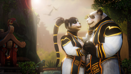 anthro blush clothed clothing duo female male male/female married_couple romantic romantic_ambiance romantic_couple smile zatoart blizzard_entertainment warcraft taoshi taran_zhu bear mammal pandaren 3d_(artwork) 4k absurd_res digital_media_(artwork) hi_res