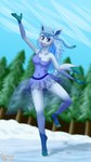 anthro armwear blue_body blue_clothing blue_eyes blue_fur blue_hair breasts claws cleavage clitoris clothed clothing cloud dancing dress eyeshadow female flowing_hair forest forest_background frozen fur genitals green_body green_fur hair ice ice_skating ineffective_clothing legwear lipstick makeup nature nature_background nipple_outline no_underwear plant pussy skating smile snow solo sparkles sparkling_clothing translucent translucent_clothing tree scoutthecat02 nintendo pokemon eeveelution generation_4_pokemon glaceon pokemon_(species) 4k 9:16 absurd_res hi_res