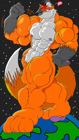 3_toes anthro big_muscles big_pecs black_hands claws dipstick_ears dipstick_tail ear_markings feet flexing flexing_bicep fur gloves_(marking) heart_symbol huge_muscles huge_pecs macro male markings multicolored_ears muscular muscular_anthro muscular_arms muscular_calves muscular_legs muscular_male muscular_thighs navel nipples orange_body orange_fur pawpads pecs pink_pawpads planet_dwarfing pose solo space standing star tail tail_markings terra_macro toe_claws toes white_torso macrokit kit_(macrokit) canid canine fox mammal red_fox true_fox 9:16 hi_res