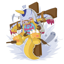 3_toes animal_skin anthro barefoot bdsm belly belly_markings blush bodily_fluids bound christian_cross christian_symbol claws clenched_teeth cross crucifix crucifixion disembodied_hand duo embarrassed eyes_closed feathers feet fur hindpaw horn male markings paws religion religious_symbol rope shota slightly_chubby soles solo_focus spread_arms striped_body striped_fur stripes tail tears teeth tickle_fetish tickle_torture tickling tickling_feet toe_claws toes yellow_body young young_anthro young_male kdkdkd_(artist) bandai_namco christianity digimon digimon_(species) gabumon 1:1 2023 chinese_description hi_res
