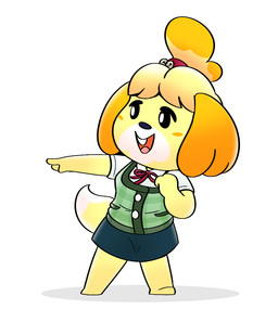 3_fingers anthro bangs barefoot bell_hair_tie black_eyes black_nose blonde_hair blue_bottomwear blue_clothing blue_skirt bottomwear bow_tie button_(fastener) clothed clothed_anthro clothed_female clothing dipstick_tail facial_markings featureless_feet feet female female_anthro fingers floppy_ears fluffy_ears fully_clothed fully_clothed_anthro fully_clothed_female fur gesture green_clothing green_topwear green_vest hair hand_gesture head_markings light lop_ears markings multicolored_hair on_model open_mouth open_smile orange_ears orange_hair pattern_clothing pattern_topwear pattern_vest pink_tongue plaid plaid_clothing plaid_topwear plaid_vest pockets pointing ponytail pupils red_bow_tie red_hair_tie shirt simple_background skirt smile solo standing tail tail_markings teeth tongue topwear two_tone_hair two_tone_tail vest white_background white_clothing white_markings white_pupils white_shirt white_tail_tip white_topwear yellow_body yellow_fur cookieboy011 animal_crossing nintendo isabelle_(animal_crossing) canid canine canis domestic_dog mammal shih_tzu toy_dog 2023 colored digital_drawing_(artwork) digital_media_(artwork) english_description full-length_portrait lighting portrait shaded