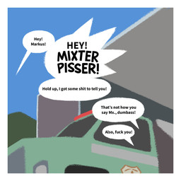 ambiguous_gender border garage not_furry offscreen_character profanity simple_background speech_bubble text truck vehicle white_border zero_pictured oystr jo_(oystr) markus_(oystr) 1:1 english_text hi_res
