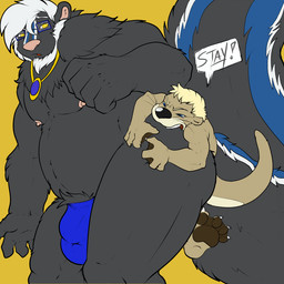 anthro belly bite biting_another black_body black_fur blue_eyes brown_body brown_fur bulge claws dialogue duo feet fur hair jewelry male male/male membrane_(anatomy) musclegut muscular necklace nipples otter_tail simple_background skunk_tail teeth text toes webbed_feet white_hair yellow_background yellow_eyes pandottermon azure_(bluedude) mammal mephitid mustelid otter skunk 1:1 2016 colored english_text