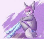 accessory anthro bow_shorts clothing ear_piercing femboy fur grey_body grey_fur hair hair_accessory hairclip leg_warmers legwear long_ears male piercing pink_hair simple_background smile smirk solo underwear kaotikjuju lorne canid canine hybrid lagomorph mammal