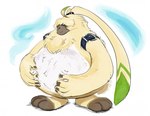 ahoge anthro belly belt fluffy fur hair hair_over_eyes long_ears male neck_tuft overweight overweight_male solo tuft white_belly yellow_body yellow_fur featherhead bandai_namco digimon digimon_ghost_game angoramon digimon_(species) lagomorph leporid mammal rabbit