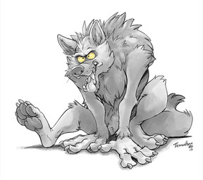 4_fingers 4_toes anthro biped claws fangs featureless_crotch feet finger_claws fingerpads fingers fur hand_on_ground humanoid_hands inner_ear_fluff male male_anthro monotone_background nude nude_anthro nude_male open_mouth pawpads paws simple_background sitting sitting_on_ground solo tail teeth three-quarter_view toe_claws toes tongue tongue_out toony tuft whiskers white_background yellow_sclera teaselbone mythology canid canine mammal mythological_canine mythological_creature werecanid werecanine werecreature werewolf 2017 full-length_portrait greyscale monochrome portrait signature spot_color