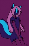 anthro biped blue_body blue_eyes blue_fur clothed clothing crossdressing femboy fur genitals hair legwear looking_at_viewer male multicolored_body multicolored_fur nipples nude penis pink_hair purple_background purple_body purple_fur purple_hair raised_tail simple_background skimpy solo standing stockings tail two_tone_body two_tone_fur wide_hips littledoll indie_(character) mammal mephitid skunk hi_res