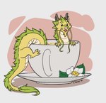 barbel_(anatomy) beverage container cup daffodil_(flower) feral flesh_whiskers flower horn in_container in_cup male pink_background plant simple_background solo tail tea up_and_over white_background nameless00 asian_mythology east_asian_mythology mythology dragon eastern_dragon mythological_creature mythological_scalie scalie hi_res signature