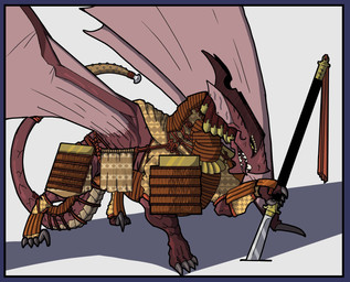 armor bottomwear bulge claws clothing ear_piercing feral furgonomics horn japanese_armor loincloth male male_feral piercing sharp_teeth simple_background solo tail tail_armor teeth tongue weapon wings labjer mythology dragon mythological_creature mythological_scalie scalie hi_res