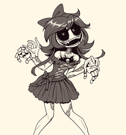4_fingers 4_hands 5_fingers accessory biped bow_ribbon clothed clothed_female clothed_humanoid clothing corrugated_arms corrugated_legs corrugated_neck corrugation dress eye_through_hair eyelashes fangs female female_humanoid fingers front_view hair hair_accessory hair_bow hair_ribbon hair_tie machine multi_hand noseless pigeon_toed ribbons skinsuit solo standing surgical_suture teeth tied_hair tight_clothing torn_clothing torn_skinsuit translucent translucent_hair unusual_eyes x_pupils gooseworx glitch_productions murder_drones cyn_(murder_drones) tessa_(murder_drones) android humanoid robot worker_drone 2024 digital_drawing_(artwork) digital_media_(artwork) greyscale hi_res monochrome portrait three-quarter_portrait