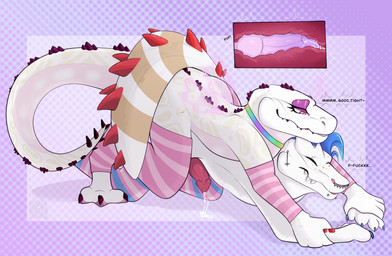 anal anthro athletic blue_body blue_fur bodily_fluids clothing collar cum cum_inside duo eyelashes fur genital_fluids jewelry knotting legwear makeup male multicolored_body pink_body profanity spikes text thigh_highs dogbytestudios alligator alligatorid caiman crocodile crocodilian reptile scalie absurd_res english_text hi_res nonbinary_(lore)