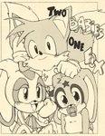 anthro baby clean_diaper clothed clothing diaper female group male male/female object_in_mouth pacifier pacifier_in_mouth trio wearing_diaper why young chicowin sega sonic_the_hedgehog_(series) cream_the_rabbit miles_prower unistar_(character) canid canine fox lagomorph leporid mammal rabbit cover cover_art cover_page hi_res