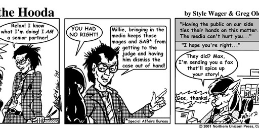angry anthro breasts clothed clothed_female clothed_male clothing computer dialogue electronics eyewear female fur glasses hair male necktie pen text style_wager dela_the_hooda millie_tunnely nylaena halfling human humanoid mammal 2001 comic english_text greyscale monochrome