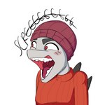 anthro beanie blush breasts clothed clothing female grey_body grey_scales hat headgear headwear open_mouth red_eyes scales screeching simple_background snout solo spiked_back sweater teeth tongue topwear uvula white_background unknown_artist cavemanon_studios snoot_game erin_(snoot_game) dinosaur prehistoric_species reptile scalie 1:1 better_version_at_source colored