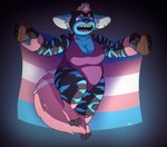 anthro belly big_breasts biped black_body black_fingers black_fur black_toes blue_ears blue_markings blue_stripes breasts clothing ear_piercing ear_ring fangs female flag fur gloves_(marking) hair holding_brick holding_object leg_markings lgbt_pride markings multicolored_body multicolored_ears multicolored_fur multicolored_hair piercing pink_body pink_fur pink_hair pink_tail pride_color_flag pride_colors purple_clothing purple_eyes ring_piercing slightly_chubby socks_(marking) solo striped_arms striped_body striped_fur striped_legs striped_markings striped_thighs stripes tail teeth transgender_pride_colors two_tone_body two_tone_ears two_tone_fur two_tone_hair two_tone_tail white_body white_ears white_fur white_hair white_tail impishhyena lgbt_pride_month harley_(impishhyena) hyena mammal striped_hyena hi_res trans_(lore) trans_woman_(lore)