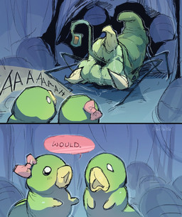 2_panel_comic aaaaa ambiguous_gender black_text bow_ribbon dialogue female feral green_body group looking_at_another open_mouth open_smile pink_bow sharp_teeth smile speech_bubble teeth text trio 116116116el hollow_knight_(franchise) team_cherry arthropod grub_(hollow_knight) grub_mimic_(hollow_knight) monster 2026 comic english_text hi_res