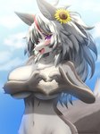 4_fingers anthro big_breasts blush breasts cheek_tuft chest_tuft claws cute_fangs dipstick_tail eyelashes facial_tuft fangs featureless_breasts female female_anthro finger_claws fingers fluffy fur gesture grey_body grey_fur grey_hair hair heart_gesture huge_breasts inner_ear_fluff kemono long_hair looking_at_viewer markings multicolored_body multicolored_fur multicolored_hair multicolored_tail naughty_face navel nude open_mouth pupils purple_eyes red_hair slit_pupils solo tail tail_markings teeth text tongue tongue_out tuft two_tone_body two_tone_fur white_body white_fur white_hair faroula canid canine fox mammal 2022 3:4 digital_media_(artwork) english_text half-length_portrait hi_res portrait