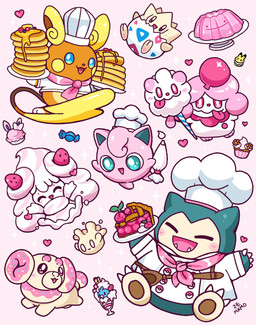 ambiguous_gender anthro beverage blue_eyes blueberry_(fruit) blush blush_lines butter candy chef chef_hat chef_uniform cherry cherry_pie_(food) claws clothing cookie cupcake cutlery dairy_products dessert eyes_closed fangs food fruit gelatin hair happy hat headgear headwear heart_symbol holding_food holding_object icing icing_bag jelly_(food) kitchen_utensils looking_at_viewer macaron_(food) milkshake multicolored_body open_mouth orange_body pancake pastry paws pie pie_(food) pink_body pink_eyes pink_hair plant plate rare_candy simple_background slice_of_pie solo sparkles spoon strawberry tail tan_body teal_eyes teeth tongue tools two_tone_body white_body mamobot nintendo pokemon alcremie alolan_form alolan_raichu canid canine cherubi ditto_(pokemon) eeveelution fidough flower_sweet_alcremie food_creature generation_1_pokemon generation_2_pokemon generation_3_pokemon generation_4_pokemon generation_6_pokemon generation_7_pokemon generation_8_pokemon generation_9_pokemon jigglypuff mammal milcery pikachu pokemon_(species) regional_form_(pokemon) slurpuff snorlax strawberry_sweet_alcremie swablu swirlix sylveon togepi vanilla_cream_alcremie waddling_head 2026 hi_res signature