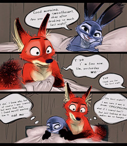 after_sex anthro bed bodily_fluids dialogue duo female fingers fur furniture grey_body grey_fur inside interspecies male nude on_bed orange_body orange_fur predator/prey speech_bubble sweat sweatdrop text nibkman0304 disney zootopia judy_hopps nick_wilde canid canine european_rabbit fox lagomorph leporid mammal oryctolagus rabbit red_fox true_fox comic english_text hi_res