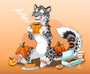 ambiguous_gender autumn beverage blue_eyes box cake coffee_cup container content_smile cup dessert doughnut doughnut_box feral food fruit fur glowing glowing_eyes glowing_mouth gourd halloween_decoration happy holding_object holding_pumpkin holidays jack-o'-lantern licking licking_lips long_tail markings narrowed_eyes orange_background pastry pawpads pink_pawpads plant plate pumpkin pumpkin_carving pumpkin_spice_(food) pumpkin_stem season seasonal simple_background sitting solo spots spotted_body spotted_fur steaming stem tail tongue tongue_out yellow_glow conditional_dnp tani_da_real halloween felid feline mammal pantherine snow_leopard
