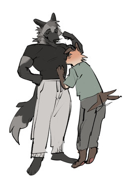 anthro armpit_sniffing athletic athletic_anthro athletic_male black_body black_fur black_nose blush bottomwear clothed clothing duo eyes_closed fluffy fluffy_tail fur grey_body grey_fur kemono male male/male musk pants pointy_ears shirt simple_background size_difference sniffing sweatpants t-shirt tail tail_motion tailwag tan_body tan_fur topwear hemuchang autumn_(outumn) shin_(hemuchang) canid canine canis domestic_dog fox mammal platinum_fox red_fox true_fox hi_res